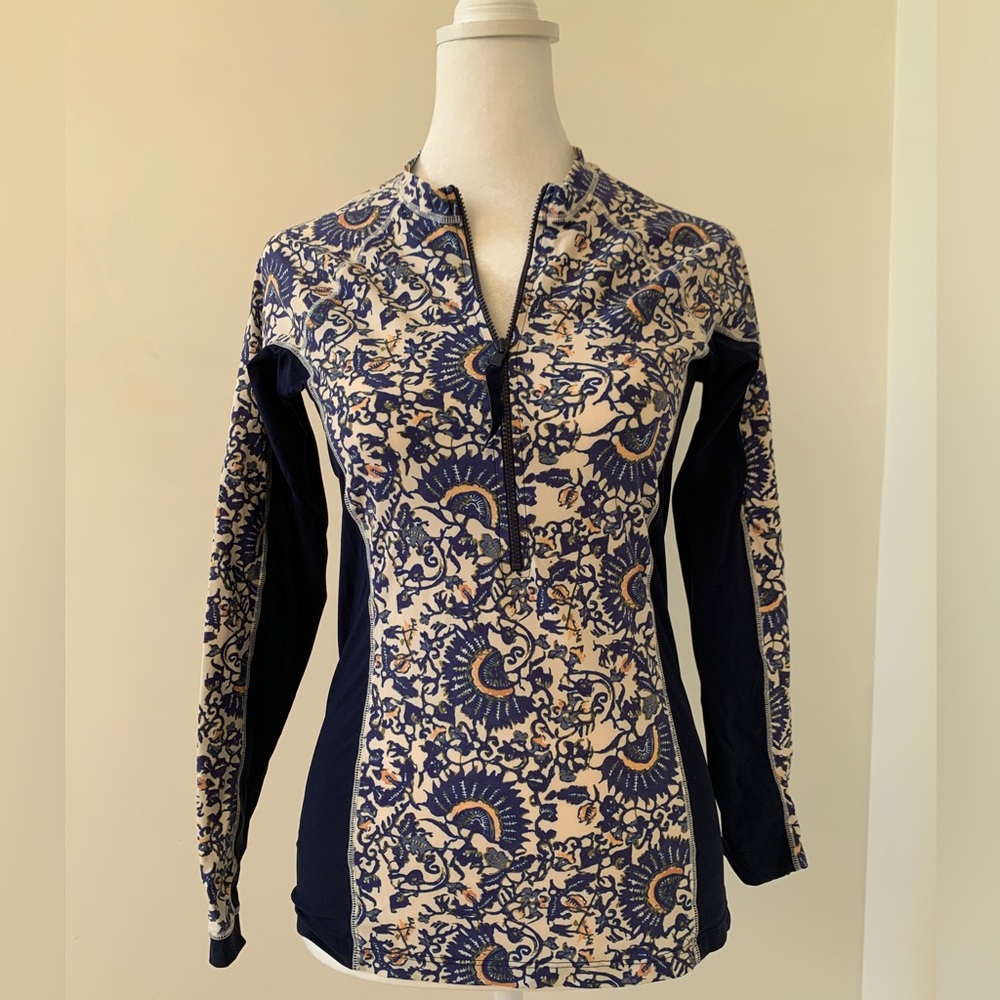 Tory Burch Size S Navy Print Rashguard Swim Top